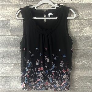 Elle Black Pleated Tank Top with Pink Floral Design